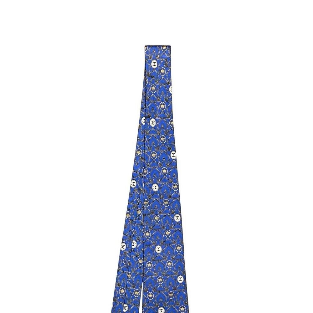 CHANEL Mens Navy Blue Silk Designer Neck Tie Adjustable Star Pattern Logo - Picture 2 of 13